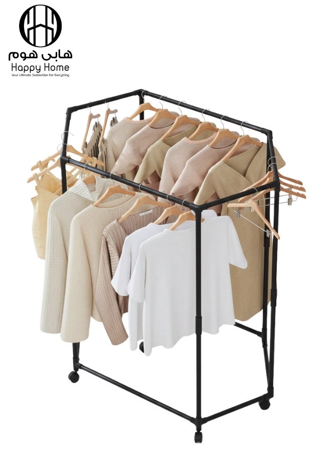 ستاند ملابس متحرك مزدوج التعليق – حامل ملابس معدني ثقيل بعجلات، تصميم مودرن لتنظيم الملابس والمعاطف وتوفير المساحة في غرف النوم والمحلات